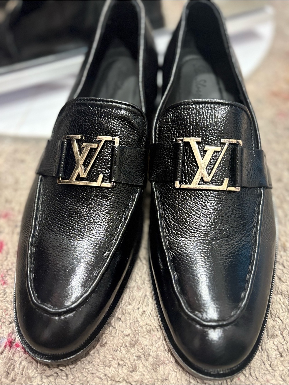 Louis Vuitton Black Leather Loafers with Gold LV Buckle USA size 9